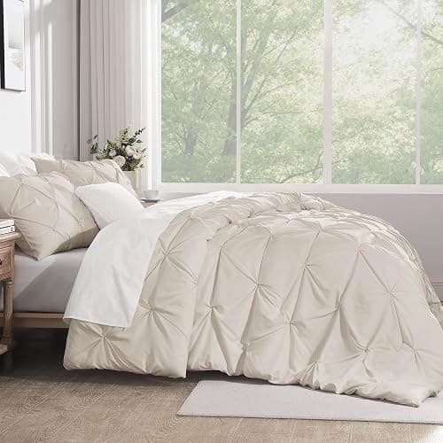 Andency Beige Comforters Queen Size, 3 Pieces Cream Bedding Set & Collections for Women Men, All Season Soft Fluffy Lightweight Pinch Pleat Bed Comforter Set (90x90Inch) thumbnail 7