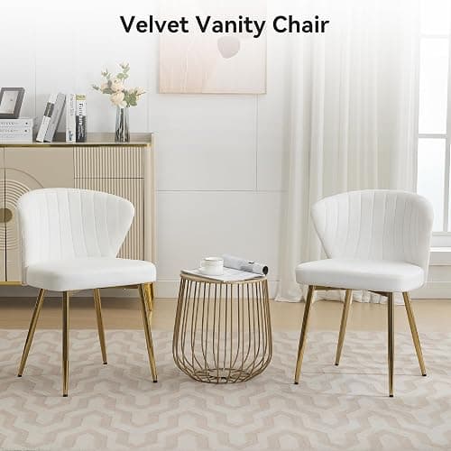 WUTUTUEE Velvet Vanity Chair, Modern Makeup Chair with Back Golden Legs, Small Cute Accent Chair for Vanity, Living Room, Bedroom, White thumbnail 6