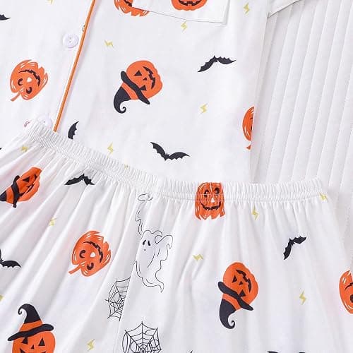 Halloween Pajama Sets for Women 2 Piece Ghost Pumpkin Print Shirts and Pajamas Shorts Button Down Short Sleeve Sleepwear thumbnail 8