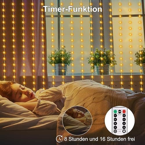 DBFAIRY 2x2M Lichtervorhang innen, 200 LED Lichterketten Vorhang mit 8 Modi Fernbedienung Timer, Batterie Lichterkette Vorhang Wasserfest für Party Hochzeit Innen und außen Deko (Warmweiß) thumbnail 6