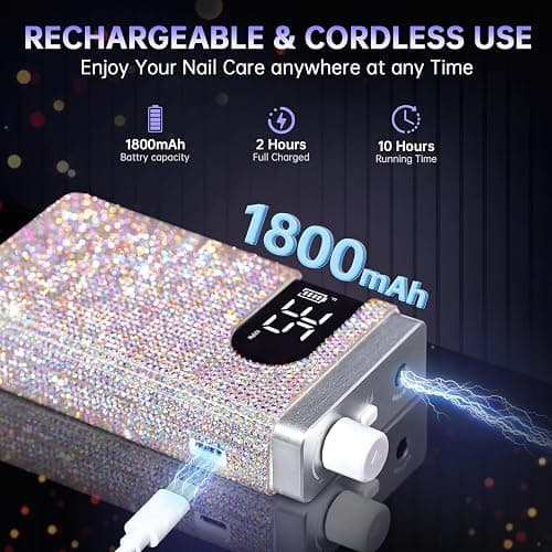 CHRISTINE SHELLY Rechargeable 35000RPM Nail Drill Sparkling Portable Professional Electric Nail File with 12 Drill Bit for Acrylic/Gel Nails Professional Nail Tools for Manicure Pedicure, Glitter thumbnail 3