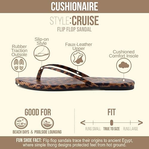 CUSHIONAIRE Cruise Lightweight Womens Flip Flops, Comfortable Beach Sandals for Women with Cushioned Footbed & Flexible Slip On Design thumbnail 4