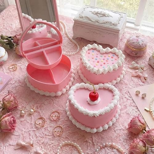 Nosiny 3 Pcs Heart Cake Jewelry Box Coquette Fake Cherry Cake Trinket Box Decor Cute Kawaii Home Pink Decorative Storage Gifts for Women thumbnail 6
