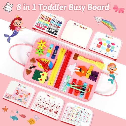 8 in 1 Toddler Busy Board for 1 Years Old, Montessori Toy Busy Book for Toddlers 1-3 Educational Toy Activity for Basic Motor Skills, Kid Travel Essential 2-4 Yr Christmas Birthday Gift for Girl thumbnail 3