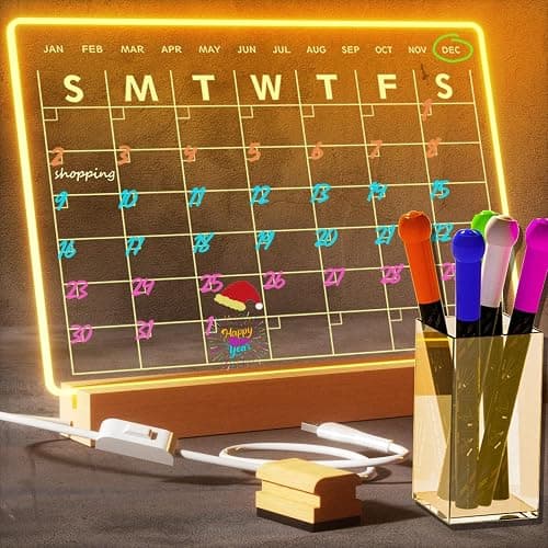 Light Up Clear Dry Erase Calendar 13 x 9 inch with 5 Markers, Acrylic Lighting Markable Calendar Board Agenda for Bedroom/Office/Home/Kitchen - Image 1