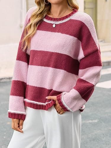 Fisoew Womens Oversized Sweaters Casual Long Sleeve Striped Color Block Crewneck Knitted Loose Fall Pullover Tops thumbnail 3