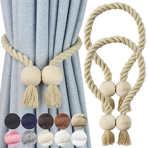 Nieffeiy 2 Pack Magnetic Curtain Tiebacks Cotton Hand Woven Tie Back Decorative Rope Holdbacks for Curtains Draperies No Tools Required, Dark Beige - Dark Beige - 2
