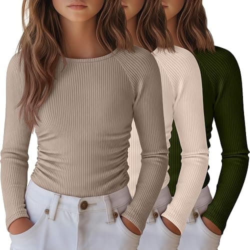 LessonZoo 3 Pack Girls Long Sleeve Shirts Ribbed Knit Draw Pleats Tops Slim Fit Crew Neck Cotton Undershirts Cute Sizes 5-14 - Image 1