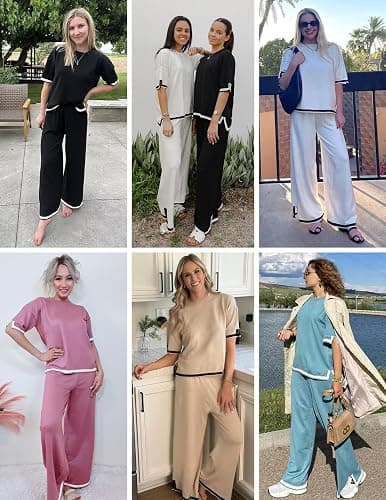 Ekouaer Lounge Set for Women Travel Outfits 2 Piece Sets Short Sleeve Sweater Top Wide Leg Long Pants Loungewear thumbnail 6