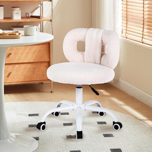 Ermnois Modern Faux Cashmere Home Office Chair, Height Adjustable Desk Chair with Back and Wheels for Living Room, Swivel Make-up Vanity Armless Chairs for Girls and Women (1, Cream) thumbnail 7
