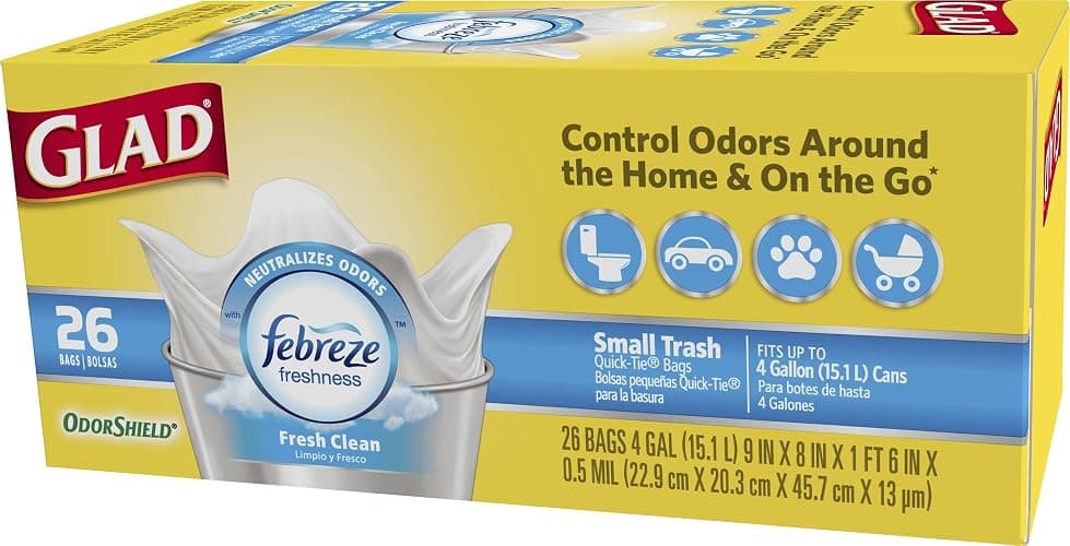 Glad Small Trash Bags 4 Gallon, Febreze Fresh Clean Garbage Bags, Odor Resistant with Quick Tie, 26 Count thumbnail 3