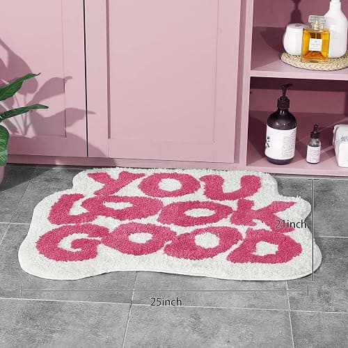 TOIVO You Look Good Bath Mat - Stylish Funny Pink Bathroom Rug with Cute Words, Absorbent & Non-Slip - 25x21 inch (RED) thumbnail 3