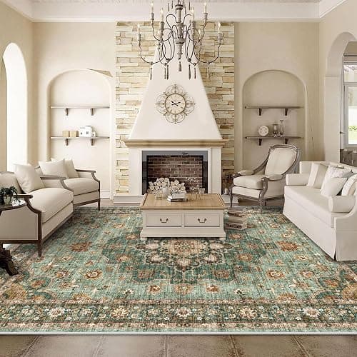 TOPRUUG Washable Oriental Area Rug - 9x12 Rugs for Living Room Soft Carpet for Bedroom Waterproof Floral Distressed Indoor Stain Resistant Non-Shedding Floor Carpets (Green, 9x12) - Image 1