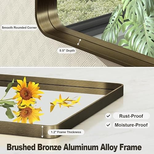 VANLIO 22x30 Inch Bronze Framed Bathroom Mirror, Brushed Bronze Metal Vanity Mirror, Bronze Rectangle Mirror, Rounded Corner, Tempered Glass, Anti-Rust, Shatterproof (Horizontal/Vertical) thumbnail 2