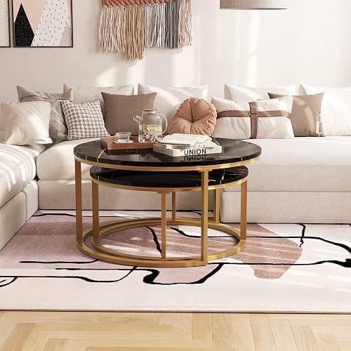 WiberWi Round Coffee Table Nesting Tables Set of 2, Large : Ø 34.0", Small : Ø 26.0", Modern Design Coffee Tables for Living Room, Gold Metal Frame Circle Cocktail Table, High Glossy Faux Black Marble - Black Faux Marble thumbnail 7