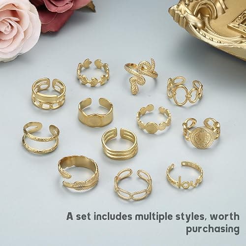 Besteel 18K Gold Plated Rings for Women, Stainless Steel Statement Rings Pack Stacking Boho Midi Rings Adjustable Open Ring Band Twisted Signet Rings Non Tarnish Gold Rings thumbnail 6