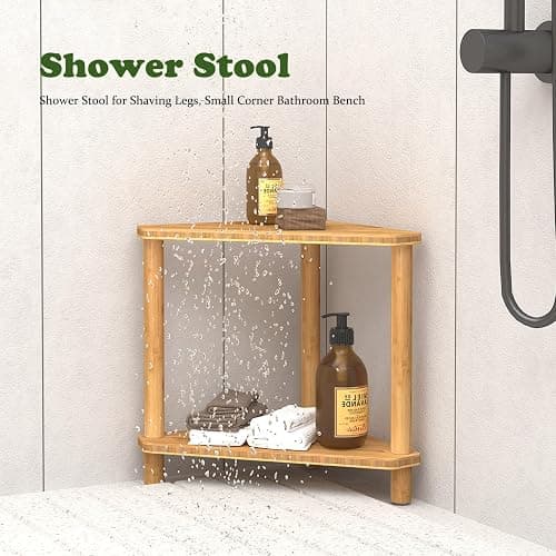 Bamboo Corner Shower Stool,2-Tier Waterproof Shower Stool for Inside Shower Shaving Leg,Small Spaces,Shower Foot Rest with Storage Shelf,Shower Bench,Bath Seat,Corner Nightstand gift for women mom thumbnail 5