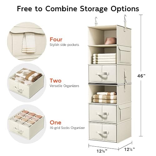 Vailando 6-Shelf Hanging Closet Organizer with 3 Drawers, 2 Separable 3-Shelf Closet Organizers and Storage for Wardrobe Organization, Hanging Dresser for Nursury & Dorm Clothes Organizer, Beige thumbnail 3
