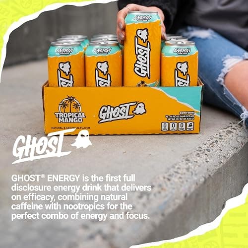 GHOST Energy Drink - 12-Pack, Tropical Mango, 16oz Cans - Energy & Focus & No Artificial Colors - 200mg of Natural Caffeine, L-Carnitine & Taurine - Gluten-Free & Vegan thumbnail 6