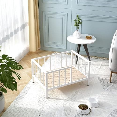 OSCHF Dog Bed with Rails - Elevated Pet Metal Bed Frame with Solid Wood Board and Washable Soft Mat for Small Dog Indoor or Outdoor Use, 21.3" x 30 ", White thumbnail 6