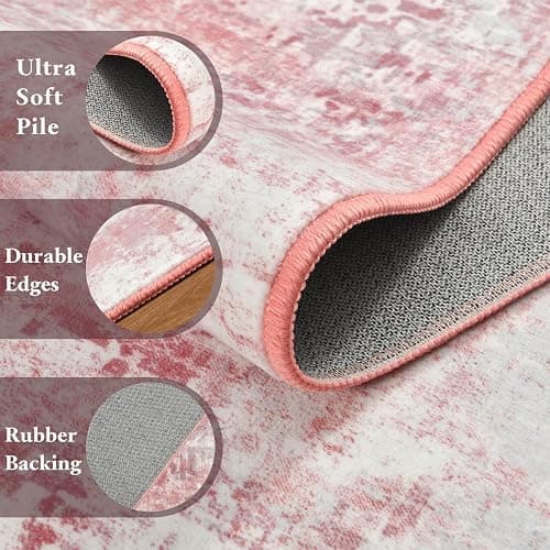 Macgace Washable Abstract Rug, 6x9 Modern Area Rugs with Non-Slip Rubber Backed for Living Room, Thin but Soft Contemporary Carpet Kitchen Bedroom Dining Room Decor, Pink thumbnail 4