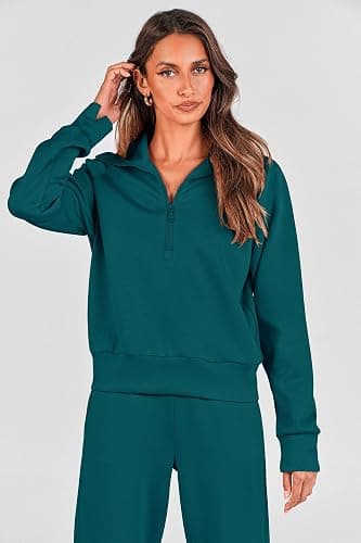 PRETTYGARDEN Women's 2 Piece Outfits Casual Lapel Half Zip Sweatshirts and Wide Leg Pants Tracksuit Sets thumbnail 7