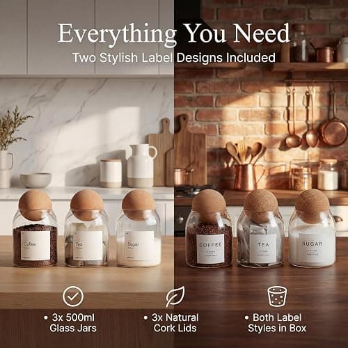 Livabl Tea Coffee and Sugar Canisters Set - Set of 3 Unique Cork Ball 500ml Glass Jars - Perfect Sugar Tea Coffee Set Organiser thumbnail 5
