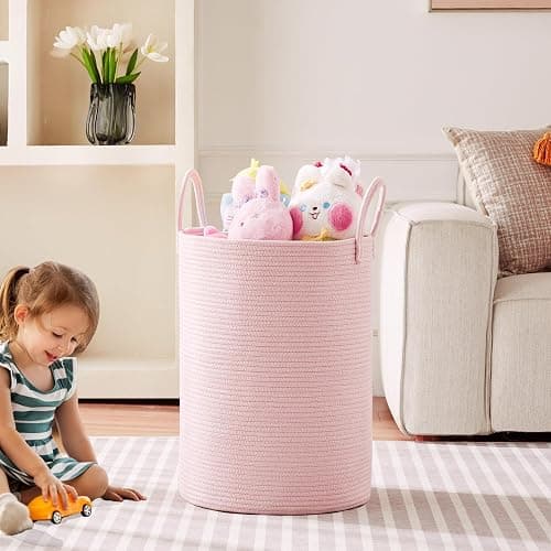 MOJOSCEND 80L Extra Large Pink Hamper Laundry Basket for Baby Girls Tall Nursery Hamper for Kids Woven Rope Clothes Basket for Little Girls Room Bedroom Light Pink Kawaii Tall Laundry Bin thumbnail 2
