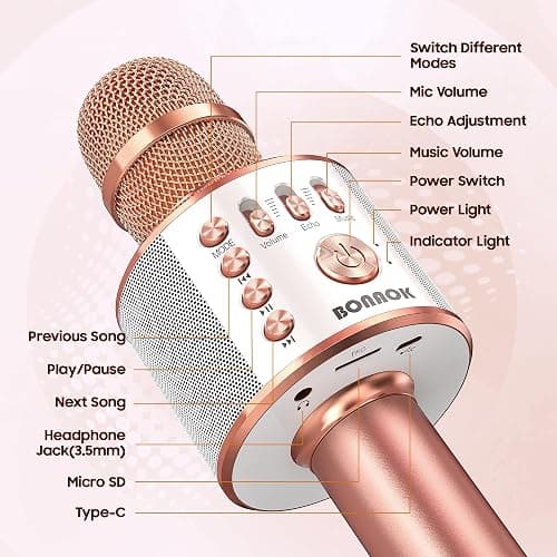 BONAOK Wireless Bluetooth Karaoke Microphone,3-in-1 Portable Handheld Karaoke Mic Speaker Machine Home Party Birthday for All Smartphones PC(Q37 Rose Gold) thumbnail 5