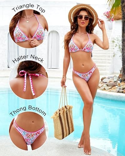 Jolefille Thong Bikini Sets for Women Two Piece Swimsuit Floral Sexy Bathing Suit Triangle Top Modest Swim Suits 2026 Teens thumbnail 5