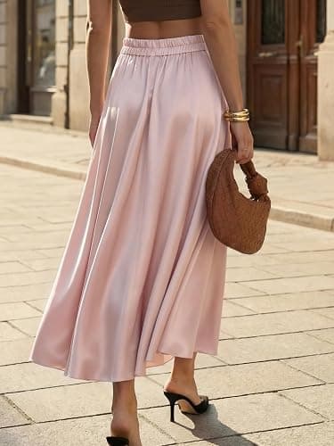 AlisOker Heavy Feel Satin Maxi Skirts for Women Elastic Waisted High Leg Slit Gorgeous Flowy A-Line Skirts with Pockets 2026 thumbnail 3