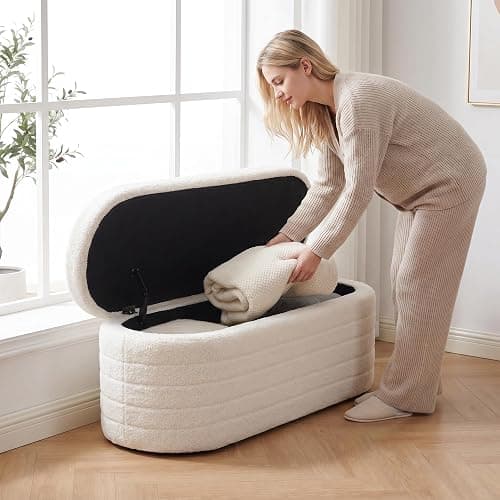OuchTek Teddy Sherpa Storage Ottoman Bench, Modern Upholstered Window Bench with Safety Hinge Lid, Oval White Ottoman for Living Room, Bedroom End of Bed thumbnail 6