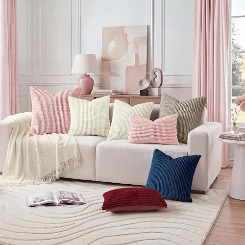 HOMEIDEAS Light Pink Textured Chenille Pillow Covers 18x18 Set of 2 | Thick Plush Double Sided Design,Cozy Warm Touch Textured Design,Couch Sofa Bed Bedroom,Modern Farmhouse Decor thumbnail 9