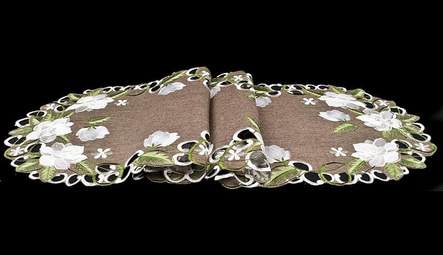 Beautiful White Magnolia Floral Design and Green Leaves Embroidered Cutwork Edges on Brown Polyester Linen, Table Runner, Dresser Scarf (14Wx51.5L) thumbnail 5