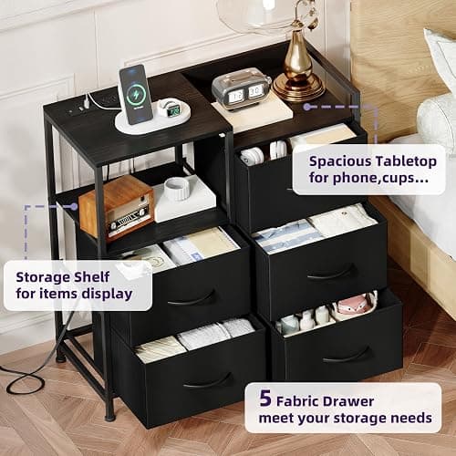Somdot Black Nightstand with Charging Station and LED Light, Wide 5 Drawers Dresser for Bedroom with Fabric Bins and Open Shelf for Bedroom Kids Closet Dorm Guest Room, Black thumbnail 6