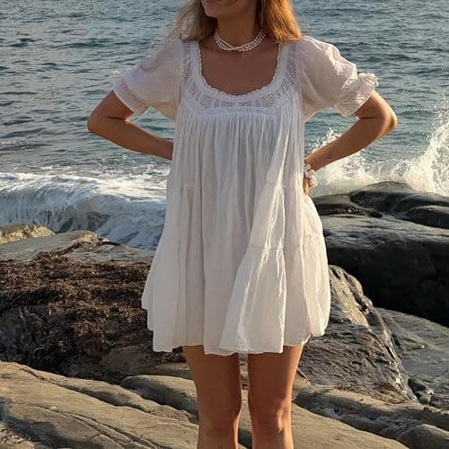 Women Puff Sleeve Babydoll Mini Dress Y2K Lace Trim Ruffle Flowy Dresses Summer Loose Swing Going Out Sundresses thumbnail 3