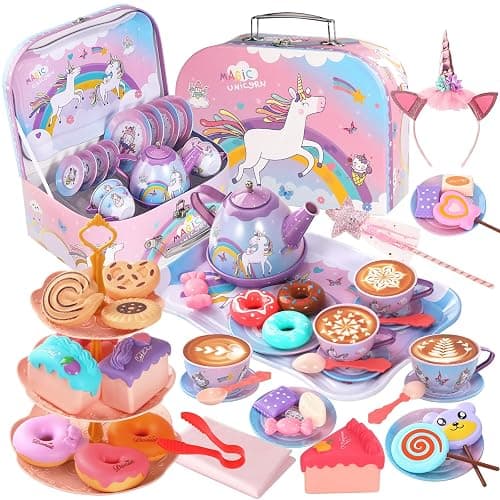 55Pcs Tea Party Set for Little Girls, Princess Tea Party Set, Unicorn Kid Tin Tea Set,Kids Kitchen Pretend Toy, Toddler Tea Party Set for Girl 3-5, Tea Party Set Christmas Birthday Gift for 4 Year Old - Image 1