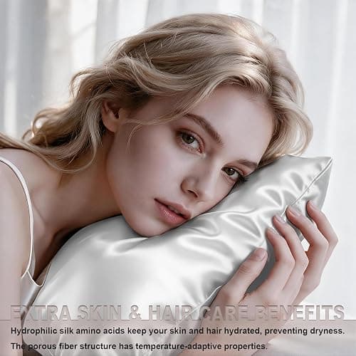 LYSHIN White Silk Pillow Cases Standard Size with Hidden Zipper | 19 Momme Mulberry Silk Pillowcase for Skin and Hair, Anti-Acne, Hypoallergenic, Cooling, Beauty Sleep, Gifts for Women thumbnail 4