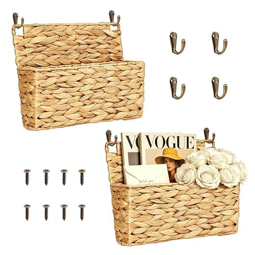 SummitGo 2PCS Woven Mail Holder Wall Mount Basket – Water Hyacinth Magazine Holder Wall Basket, Wicker Mail Organizer Wall Mount for Office, Books, Files, Letters & Entryway Decor, Hooks Included - Image 1