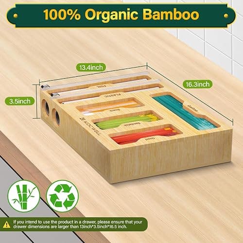 KOCWELL Bag Organizer and Plastic Wrap Dispenser with Cutter, 6 In 1 Bamboo Foil and Plastic Wrap Organizer for Kitchen Drawer, Food Storage Bag Organizer for Gallon,Quart,Sandwich,Snack(Yellow) thumbnail 2