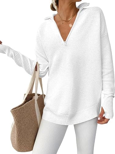 ANRABESS Womens Long Sleeve Quarter Zip Pullover Sweater Casual Loose V Neck Collared Ribbed Knit Jumper Tops Thumb Hole - Image 1