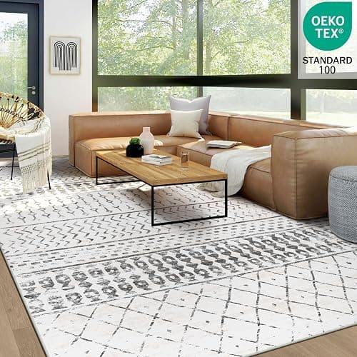 6x9 Machine Washable Area Rug for Living Room, Grey White Vintage Moroccan Rug Large Non-Slip Low Pile Soft Faux Wool Carpet, Kids and Pets Friendly for Bedroom Dining Room Farmhouse Home Decor Rug thumbnail 3