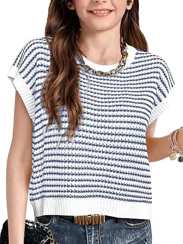 Seiciviy Girls Summer Cute Tops School Picture Day Teen Tween Sweater Vest Striped Short Sleeve Trendy Knit Outfits - Image 1