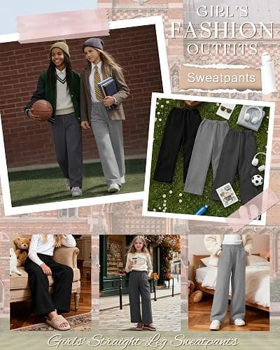 LessonZoo 3 Pack Girls Sweatpants Teen Front Seam Straight Leg Pants Kids Open Bottom Wide Leg Loose Joggers with Pockets thumbnail 4