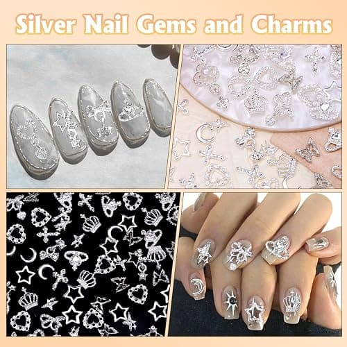 100 Pcs Silver Nail Charms and Gems, Silver Dangle Star Bows Nail Gems Charms, Metal Crown Heart Butterfly Charms for Acrylic Nail Art Alloy Cross Nail Charms for Women DIY Accessories thumbnail 5