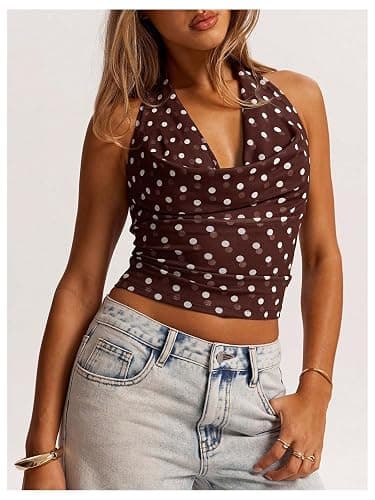 MakeMeChic Women's Y2K Polka Dots Halter Top Cowl Neck Crop Going Out Tops thumbnail 2