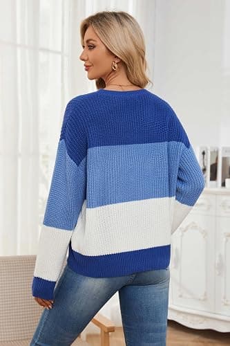QIANSIQIANBO Women's Striped Color Block Sweater Long Sleeve Crewneck Casual Loose Fit Soft Knit Sweater Pullover Tops thumbnail 4
