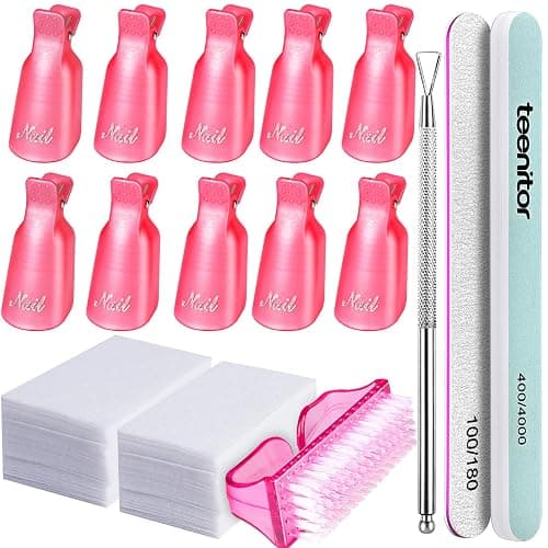 Teenitor Nail Gel Remover Tools Kit with Pink Polish Remover Clips, Cuticle Peeler Scraper, Gel Nail Brush, 115 Pack Nail Wipe Cotton Pads, Nail File Grits 120/180 Buffer Block Grits 400/4000 Rose - Image 1