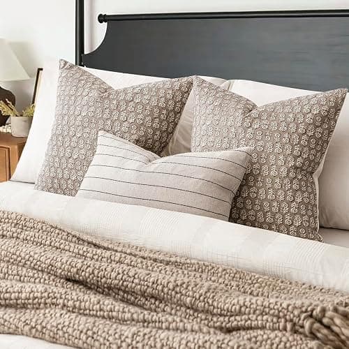 Foindtower Set of 2 Decorative Vintage Floral Print Throw Pillow Covers Neutral Modern Farmhouse Cushion Covers Boho Home Decor for Sofa Chair Couch Bedroom Living Room,18×18 Inch,Tan Taupe thumbnail 5