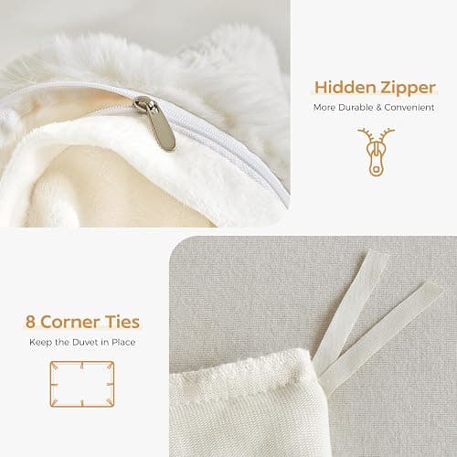 Tokokimo Fluffy Fleece Queen Size Duvet Cover Set, Ultra Soft Reversible Heavyweight Bedding Set, Extra Warm Winter Duvet Cover Set with 2 Pillow Cases, All Season Fuzzy Comforter Cover Set, Beige thumbnail 6